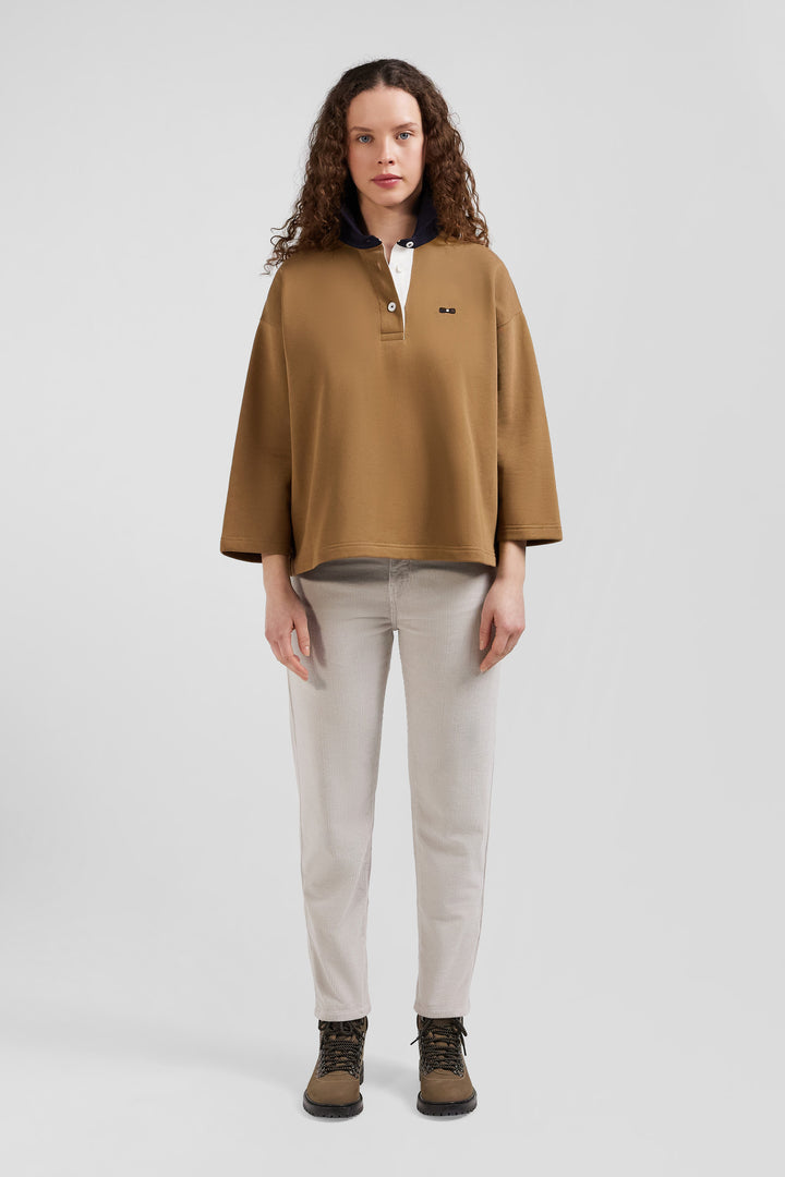 Relaxed camel cotton sweatshirt with rugby shirt collar