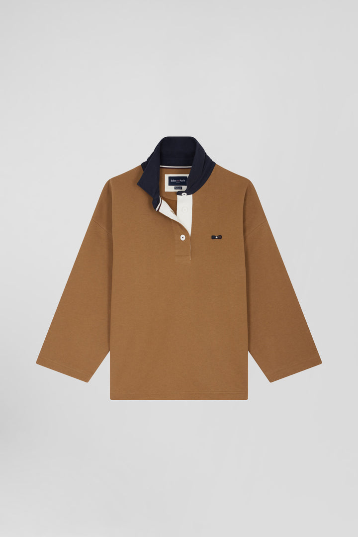 Relaxed camel cotton sweatshirt with rugby shirt collar