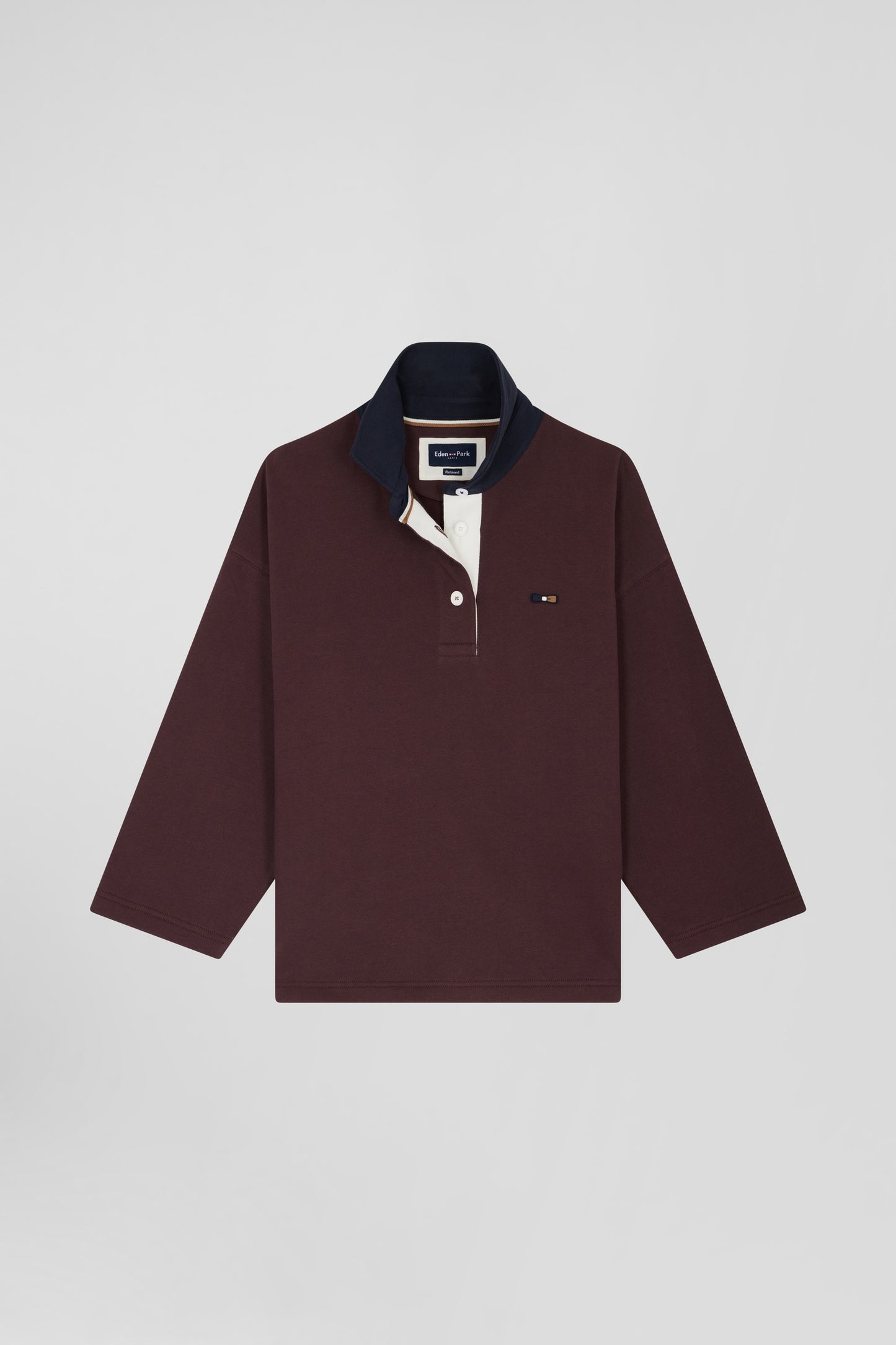 Relaxed burgundy cotton sweatshirt with rugby shirt collar