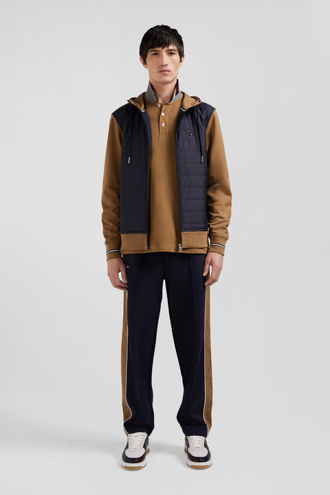 Sweatshirt zippé bimatière à parmenture matelassée noisette et marine coupe Regular - Image 1