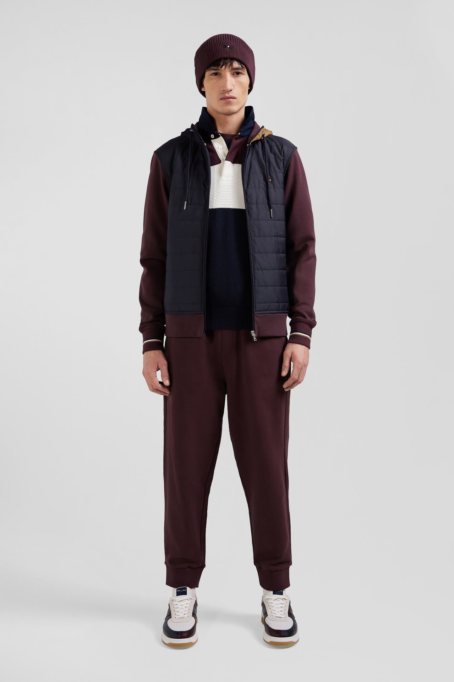 Regular burgundy zipped bi-material sweatshirt with padded front