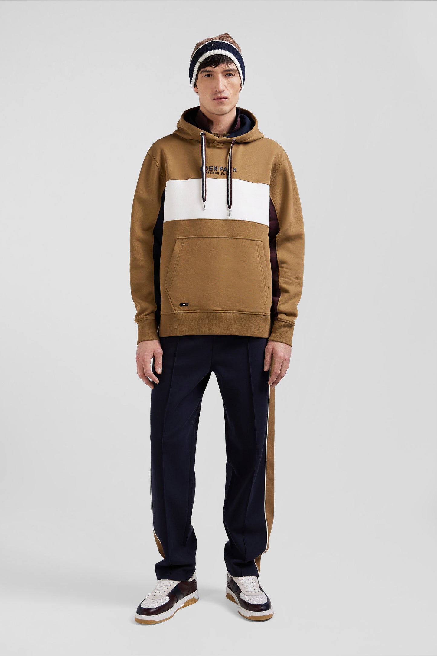 Sweatshirt à capuche colorblock en coton noisette coupe Relaxed