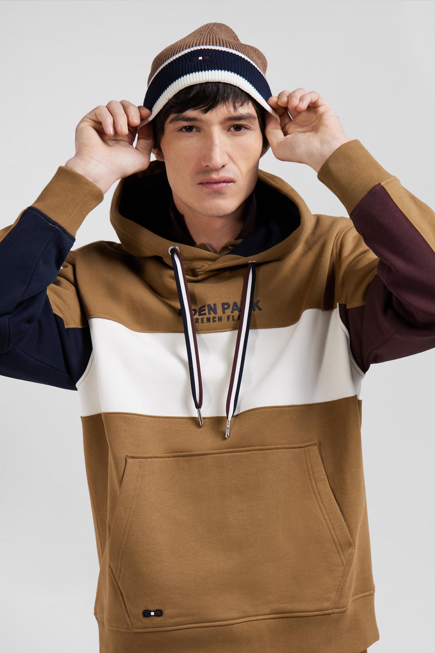 Sweatshirt à capuche colorblock en coton noisette coupe Relaxed