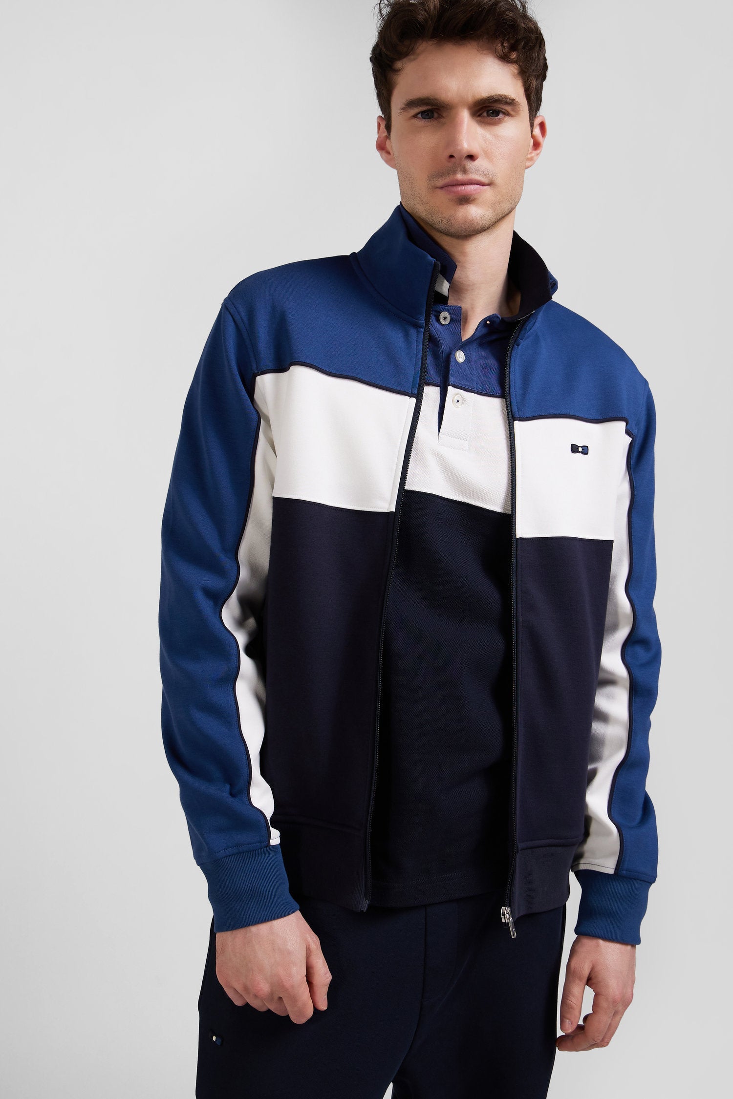 Sweatshirt zippé tricolore en coton mélangé bleu coupe Regular