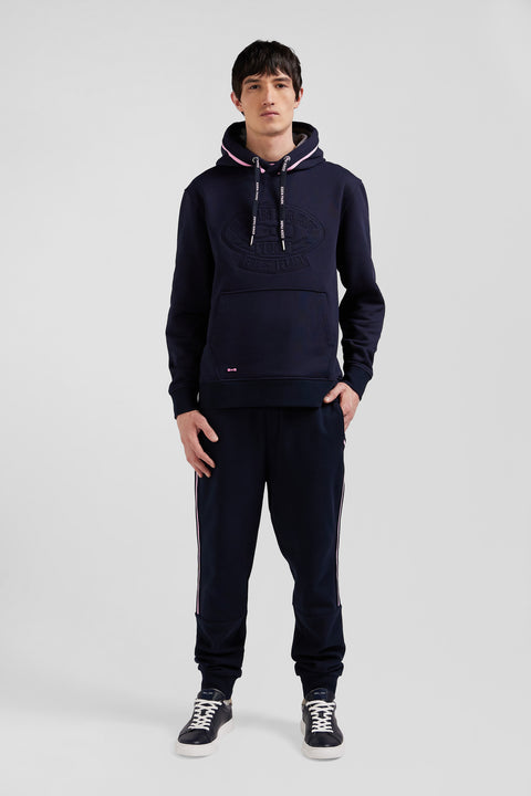 Relaxed navy blue cotton blend hoodie with padded embroidery - Image 1