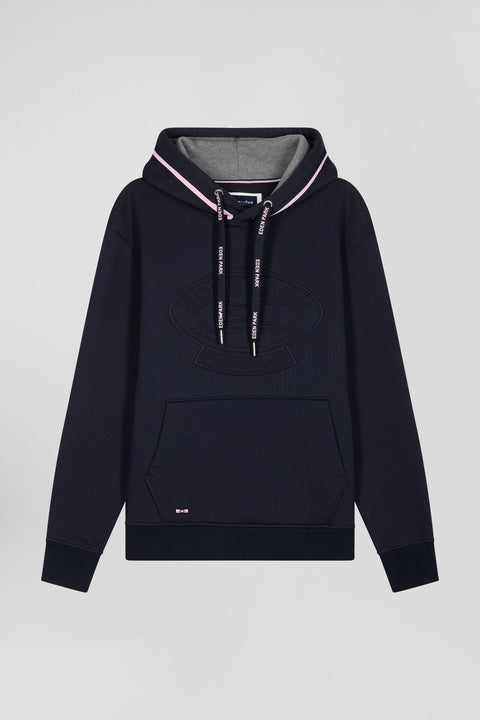 Relaxed navy blue cotton blend hoodie with padded embroidery - Image 2