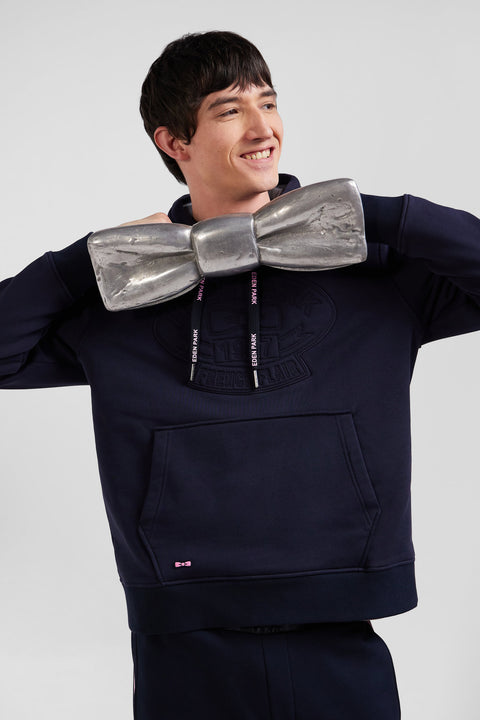 Relaxed navy blue cotton blend hoodie with padded embroidery - Image 3