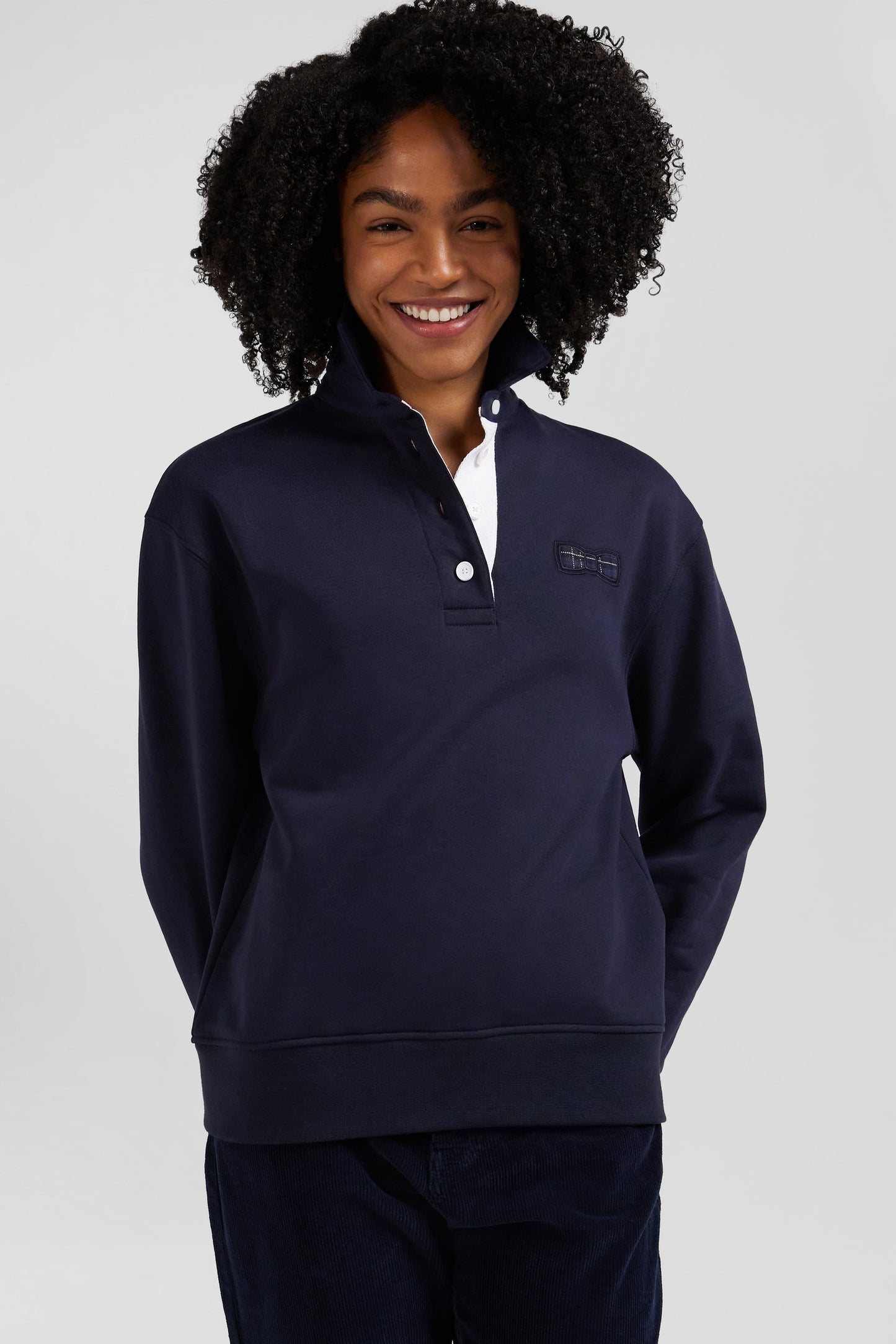 Relaxed navy blue cotton blend sweatshirt with back embroidery and rugby shirt collar