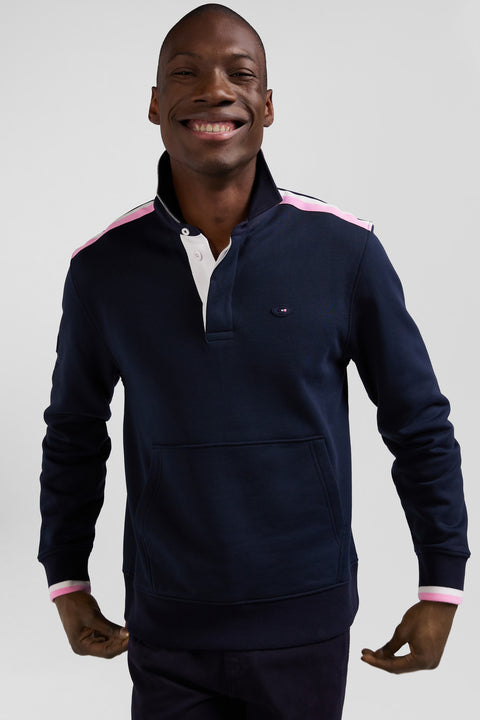 Regular navy blue XV de France cotton sweatshirt with rugby shirt collar - Image 3