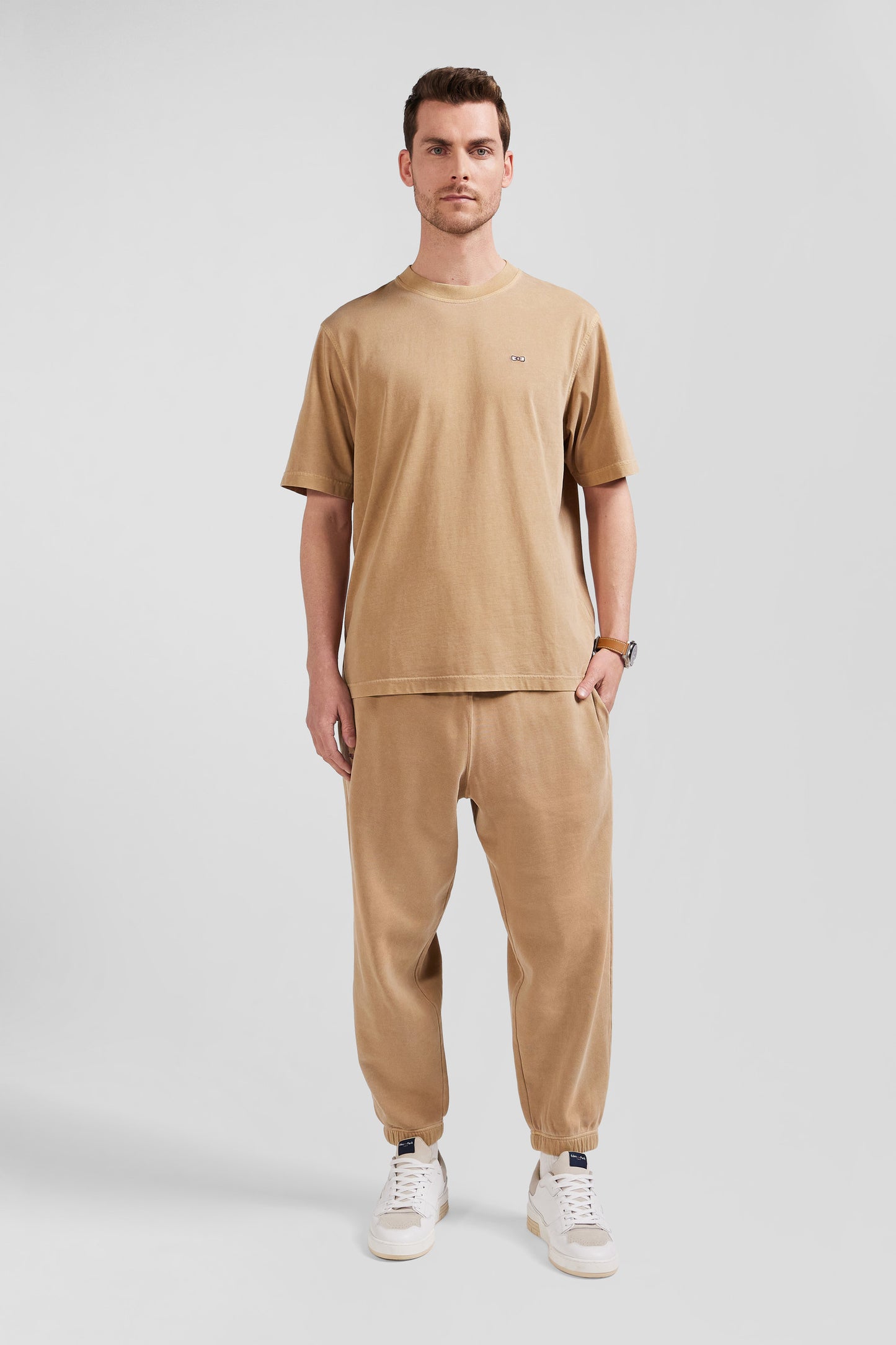 T-shirt manches courtes unisexe en coton surteint uni noisette coupe Oversized