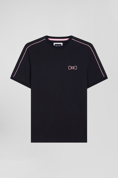 Regular navy short-sleeved cotton T-shirt with pink piping - Image 2