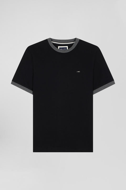 Regular black short-sleeved cotton T-shirt with back embroidery - Image 2