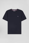 Regular navy short-sleeved cotton T-shirt with back emblem embroidery