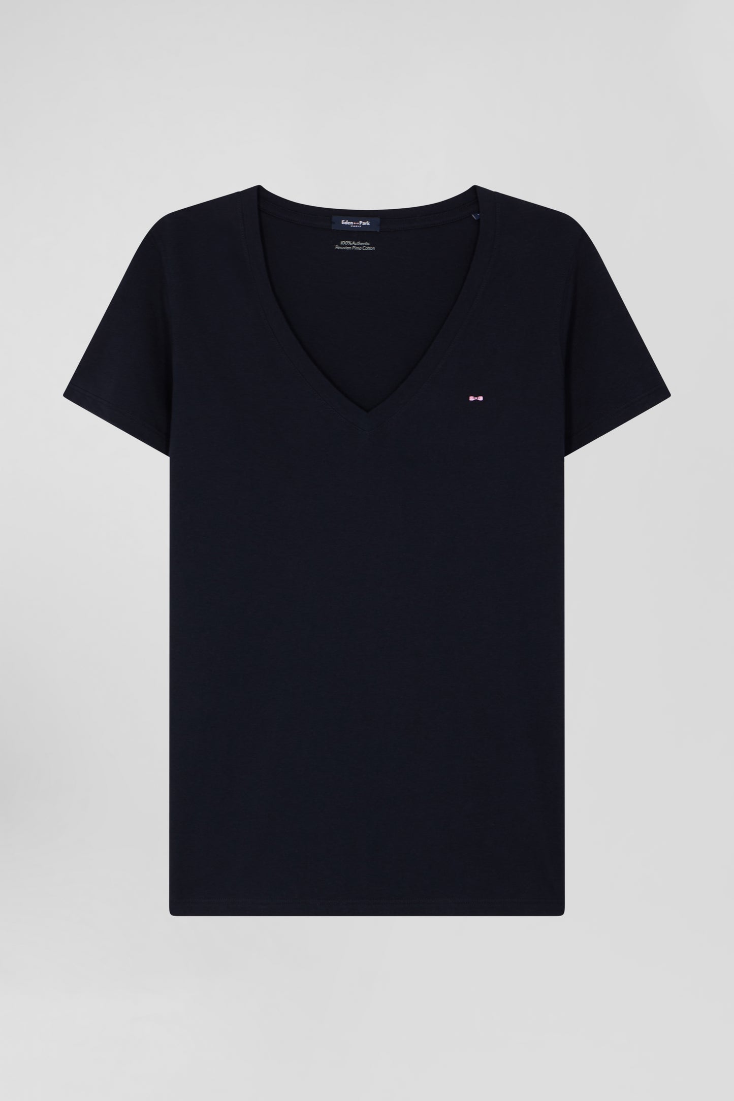 Regular navy blue short-sleeved V-neck cotton T-shirt