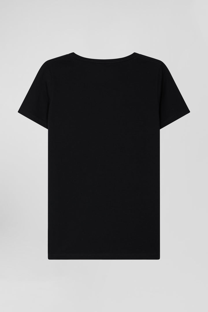 Regular black short-sleeved V-neck cotton T-shirt