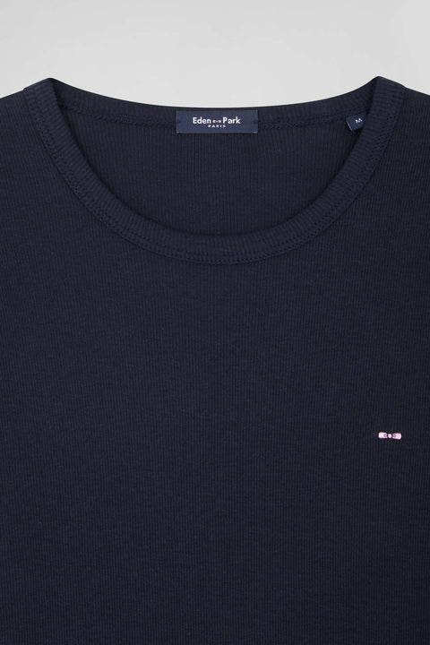 T-shirt manches longues col rond en coton bleu marine coupe Slim - Image 3