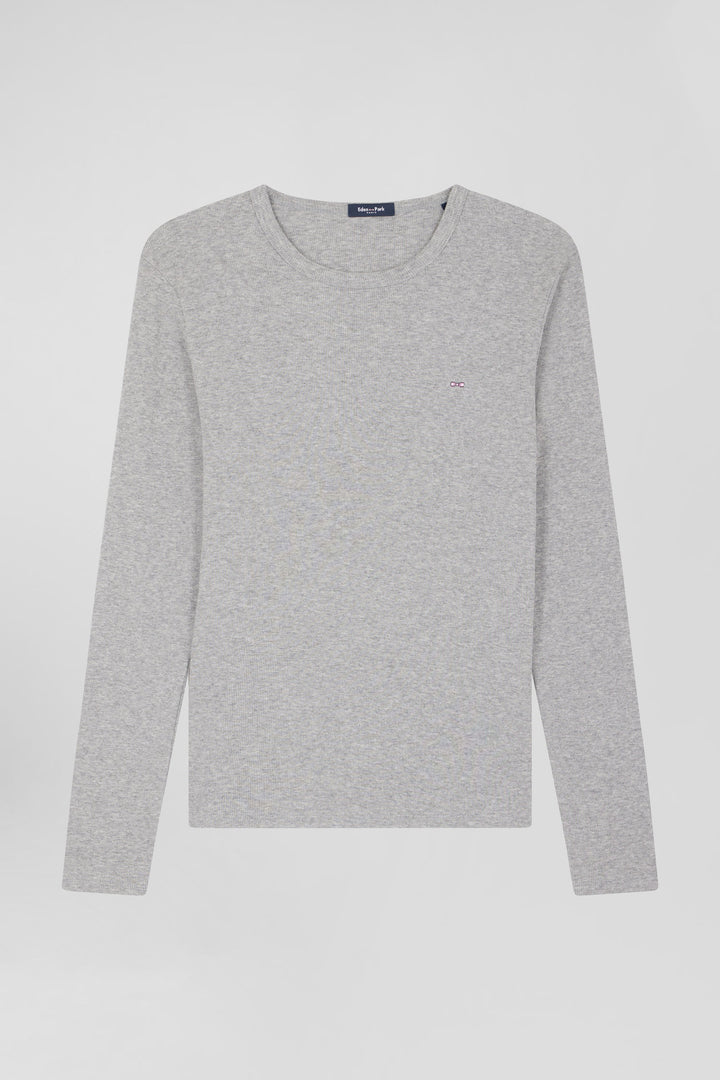 Slim grey long-sleeved round neck cotton T-shirt