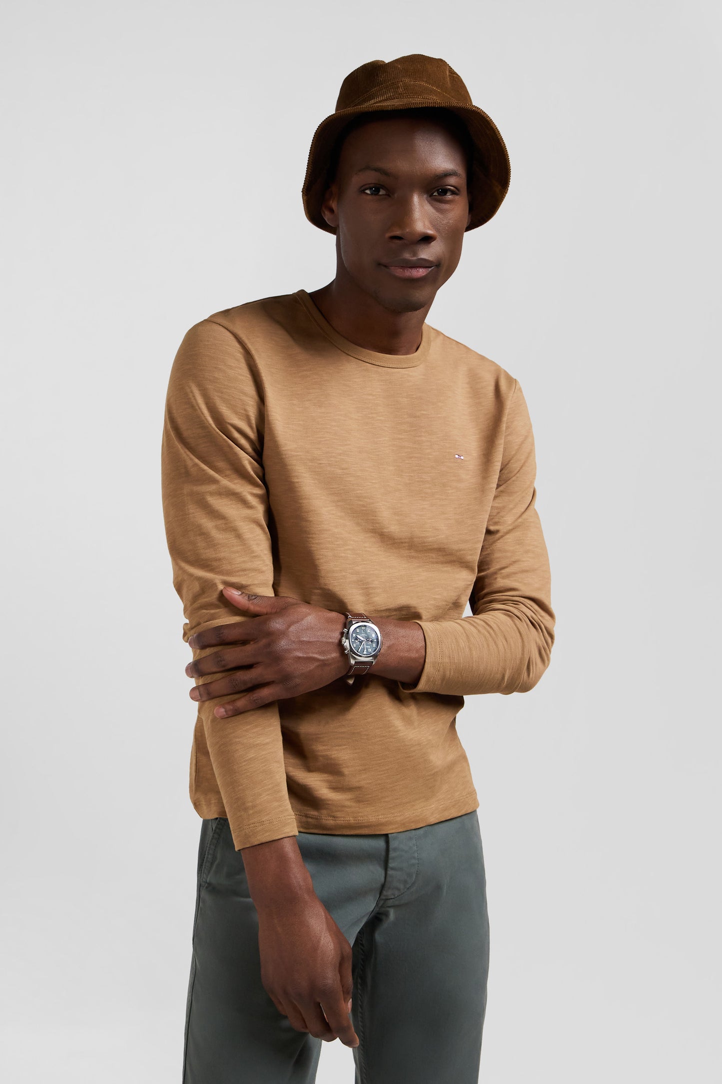 T-shirt manches longues en coton uni noisette coupe Slim