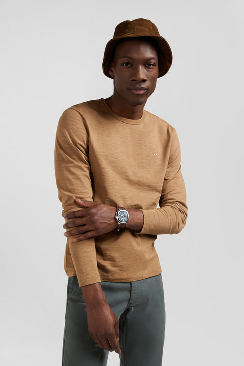 T-shirt manches longues en coton uni noisette coupe Slim - Image 3