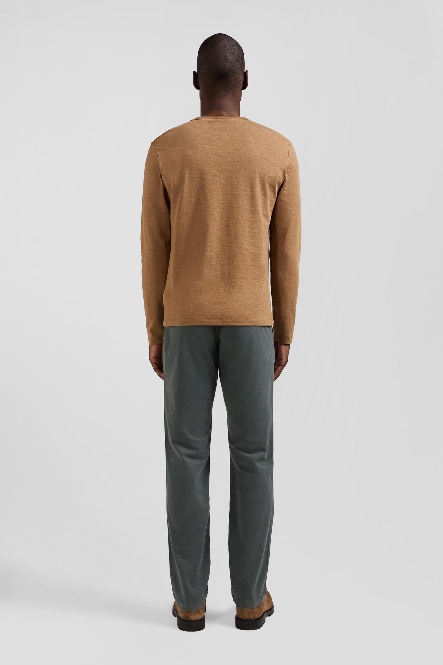 T-shirt manches longues en coton uni noisette coupe Slim