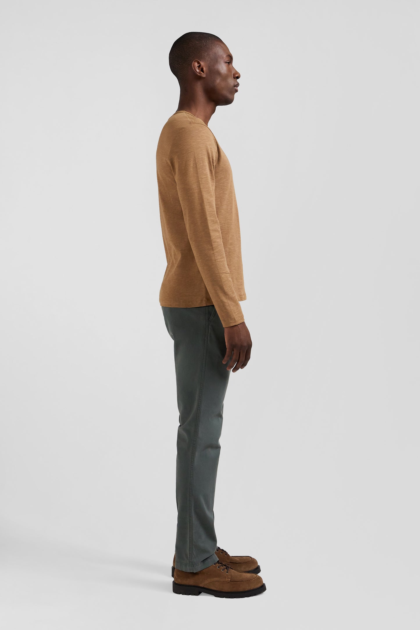 T-shirt manches longues en coton uni noisette coupe Slim