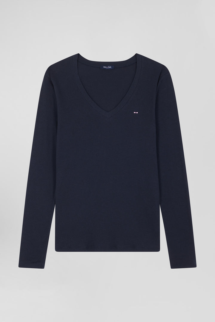 Slim navy blue long-sleeved V-neck cotton T-shirt