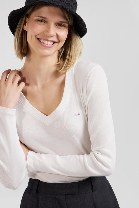 T-shirt manches longues à col V en coton écru coupe Slim - Image 3