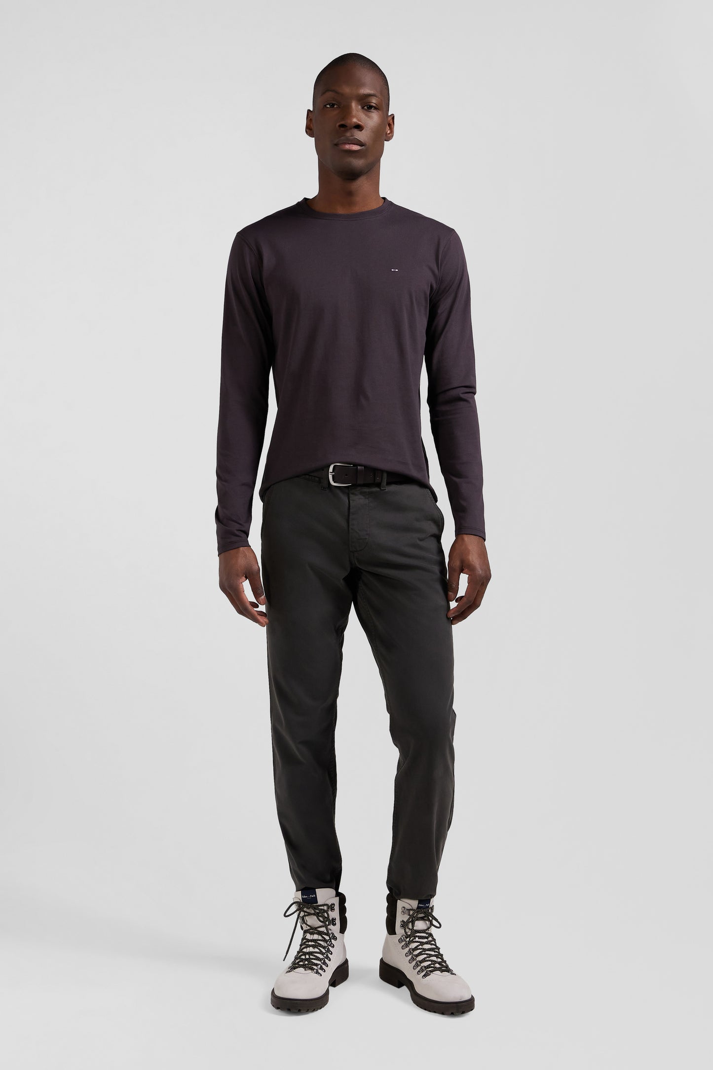 T-shirt manches longues en coton Pima marron foncé coupe Regular