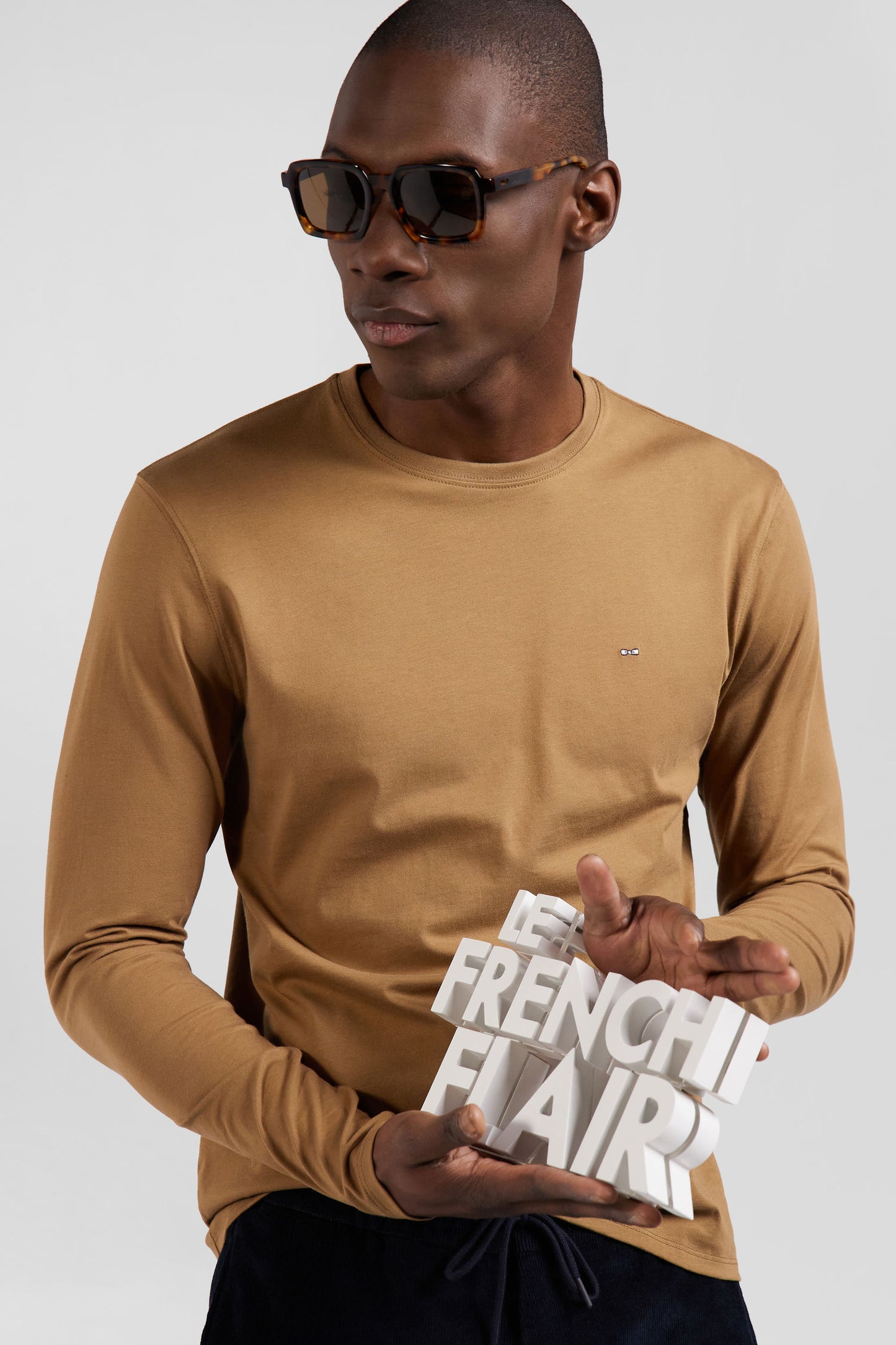 T-shirt manches longues uni en coton noisette coupe Regular