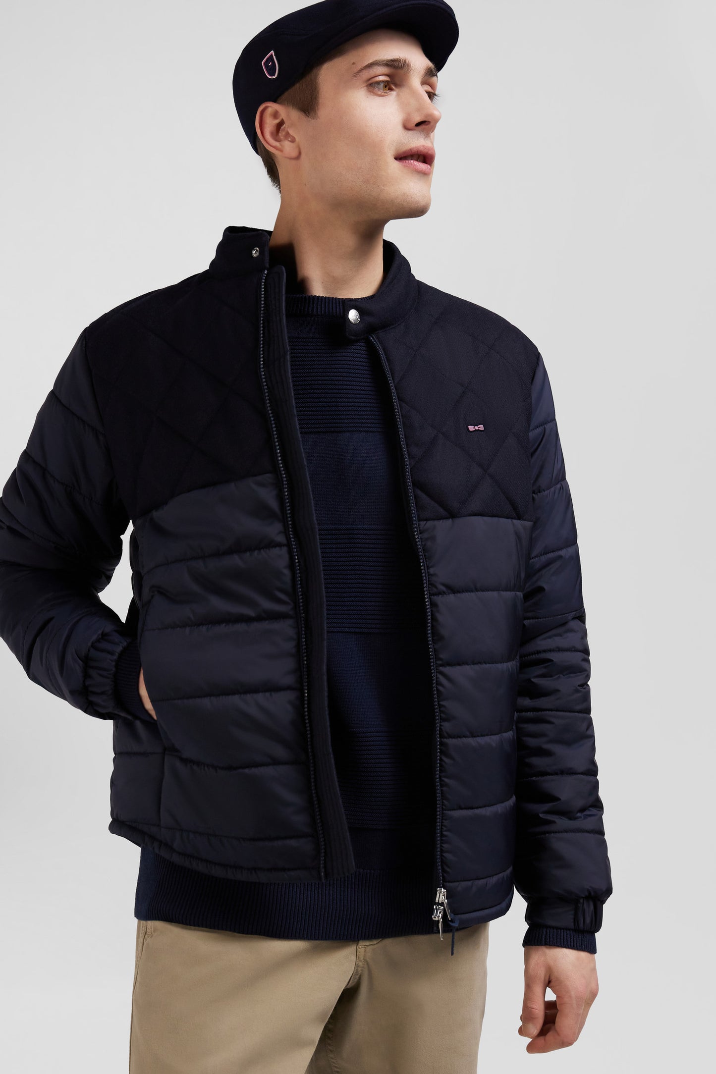 Navy blue long-sleeved double quilted high collar down jacket