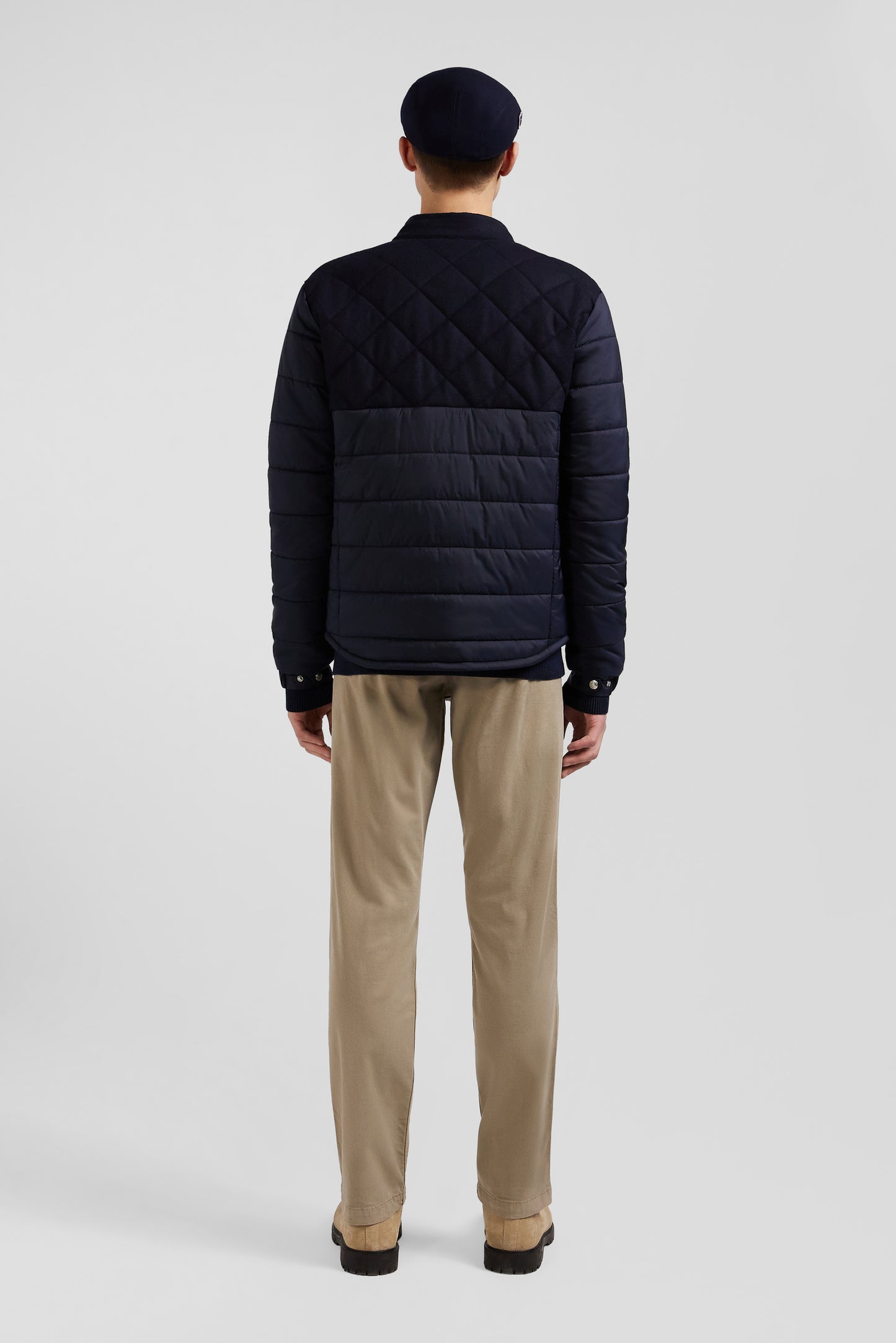 Navy blue long-sleeved double quilted high collar down jacket