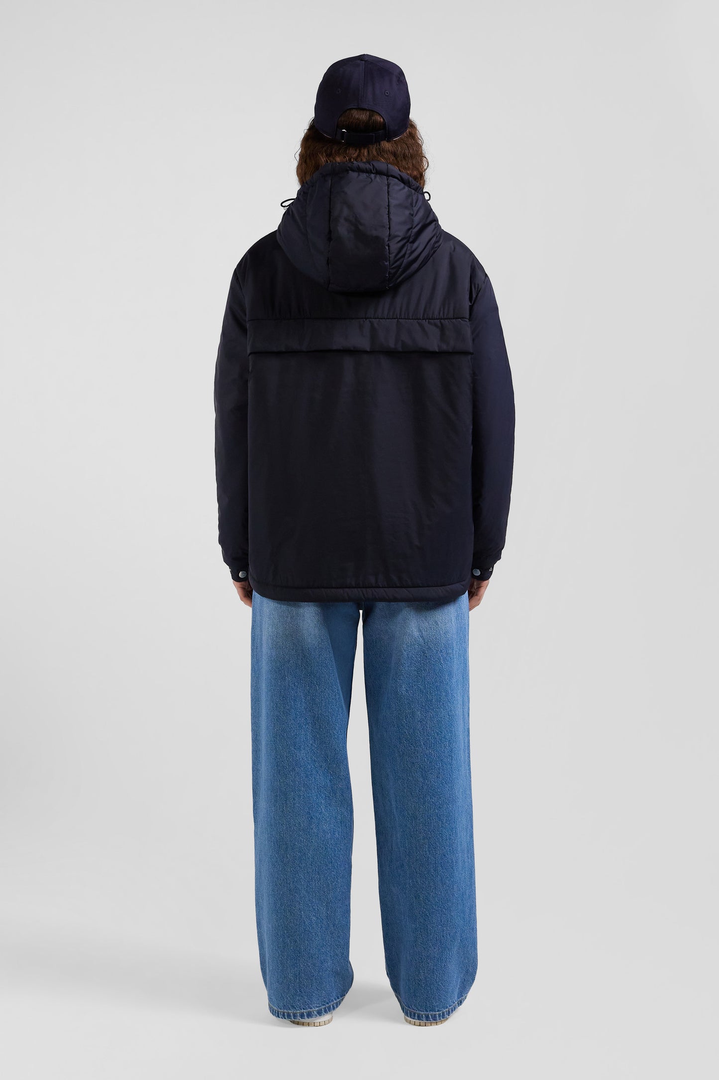 Oversize navy blue hooded down jacket