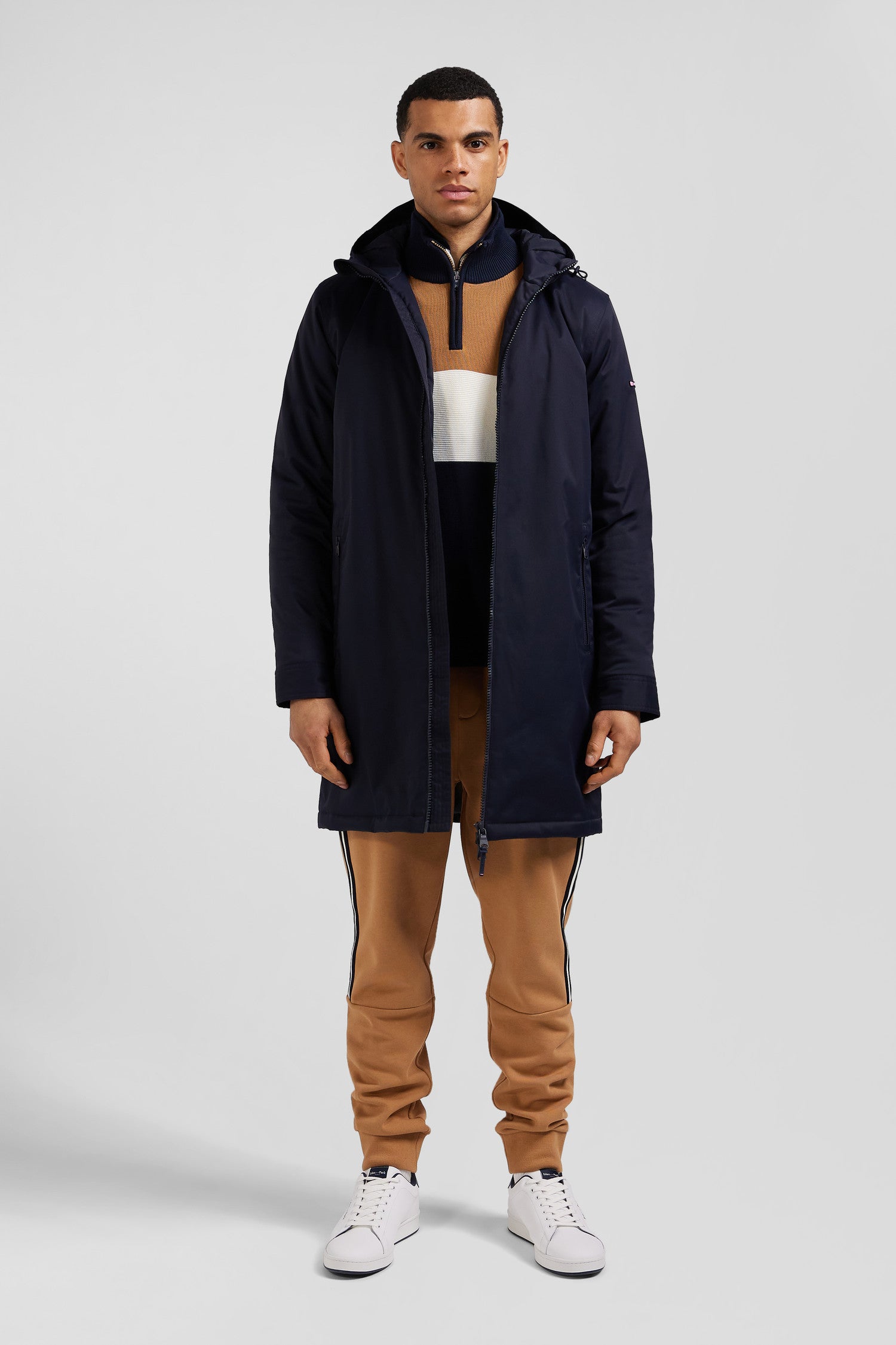 Parka longue à capuche en nylon bleu marine