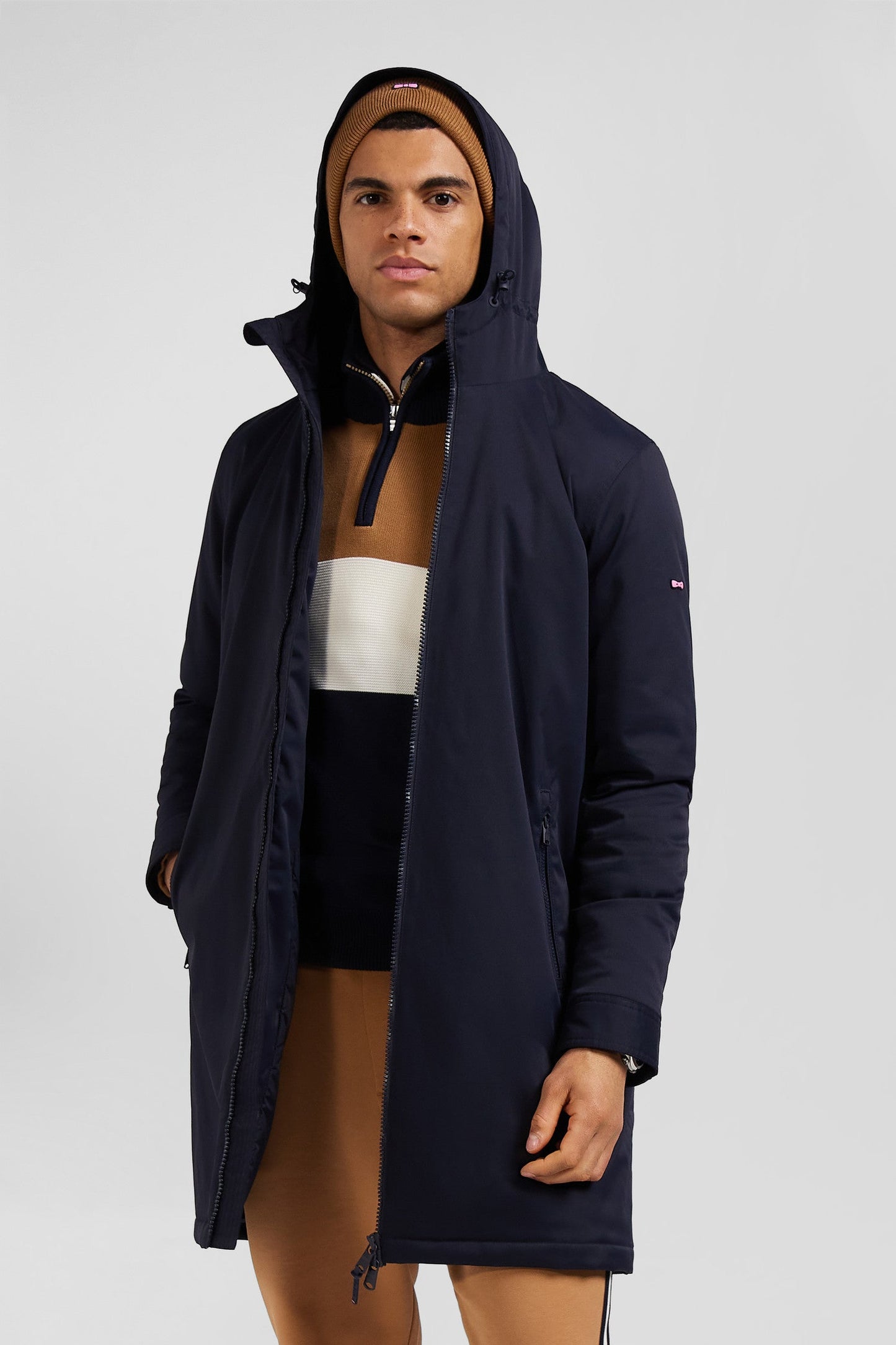 Parka longue à capuche en nylon bleu marine - Image 3