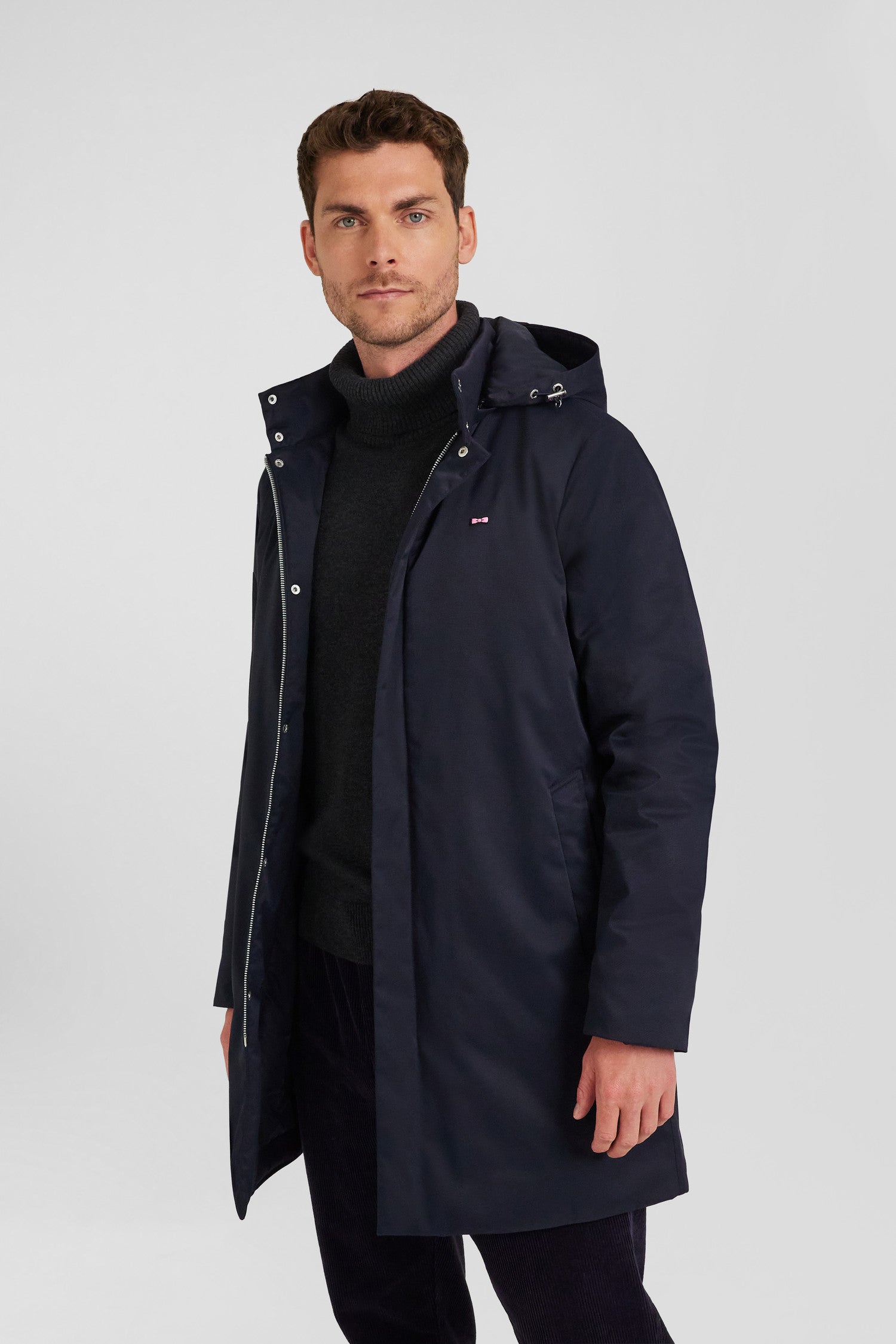 Parka à capuche amovible en nylon bleu marine