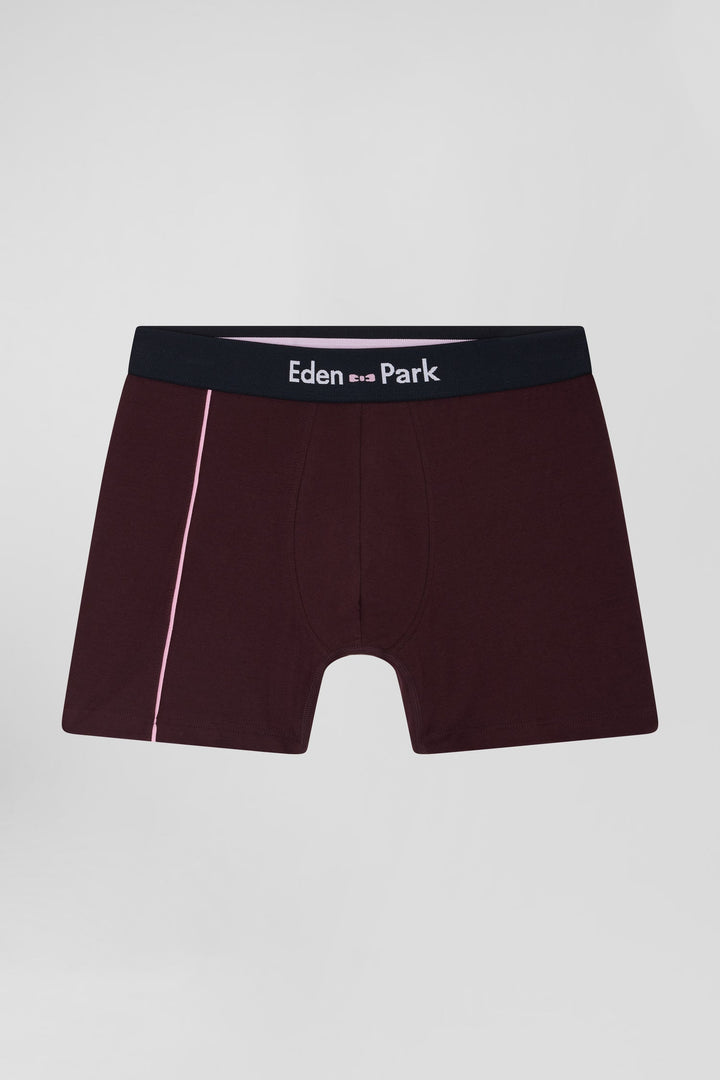 Boxer en coton stretch bordeaux à passepoil rose