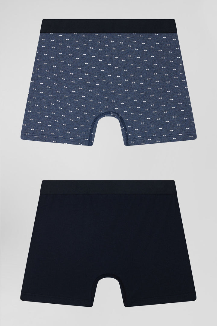 Lot de 2 boxers en coton stretch uni et micro-motifs bleu foncé alt view