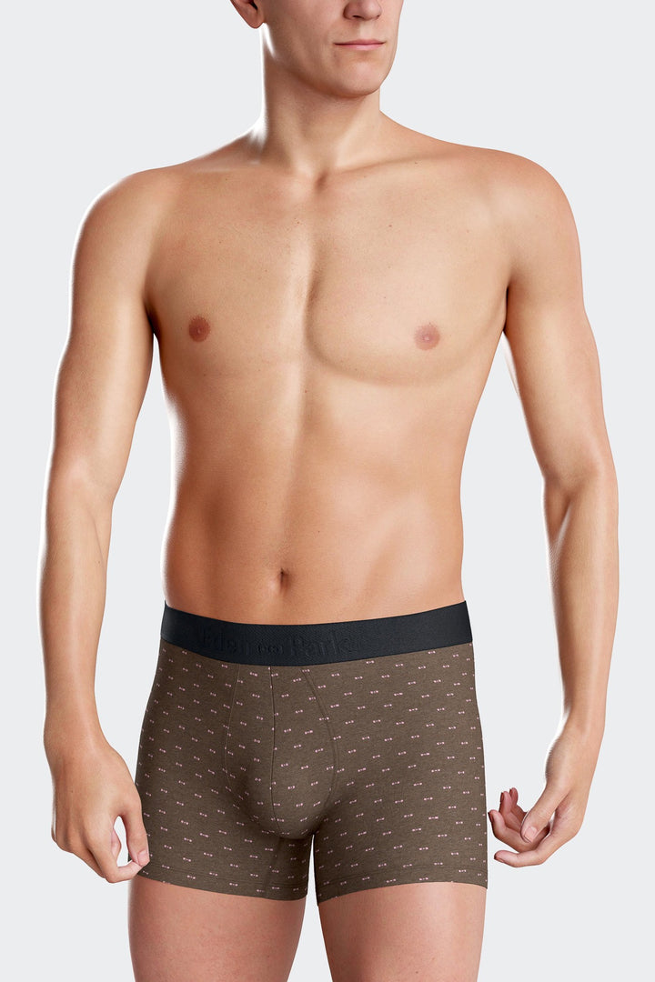 Brown and pink stretch cotton boxers with micro bow tie pattern