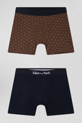 Lot de 2 boxers en coton stretch uni et micro-motifs marron