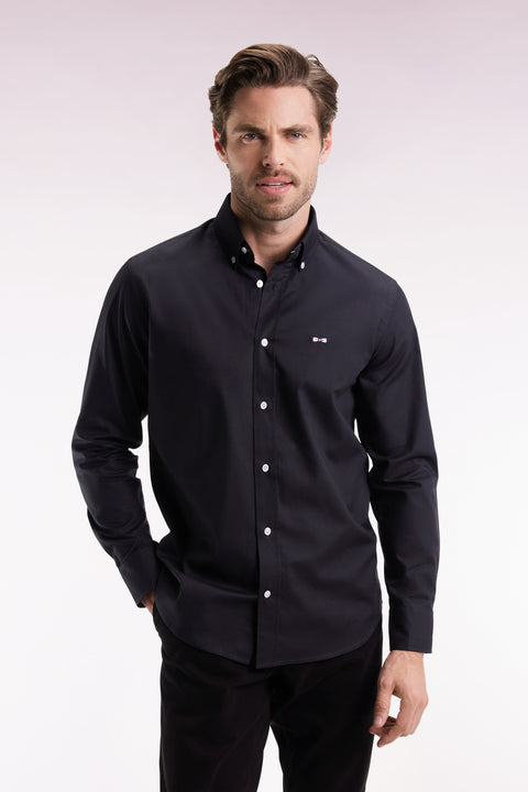 Chemise en coton pinpoint noire broderie dos coupe droite - Image 1