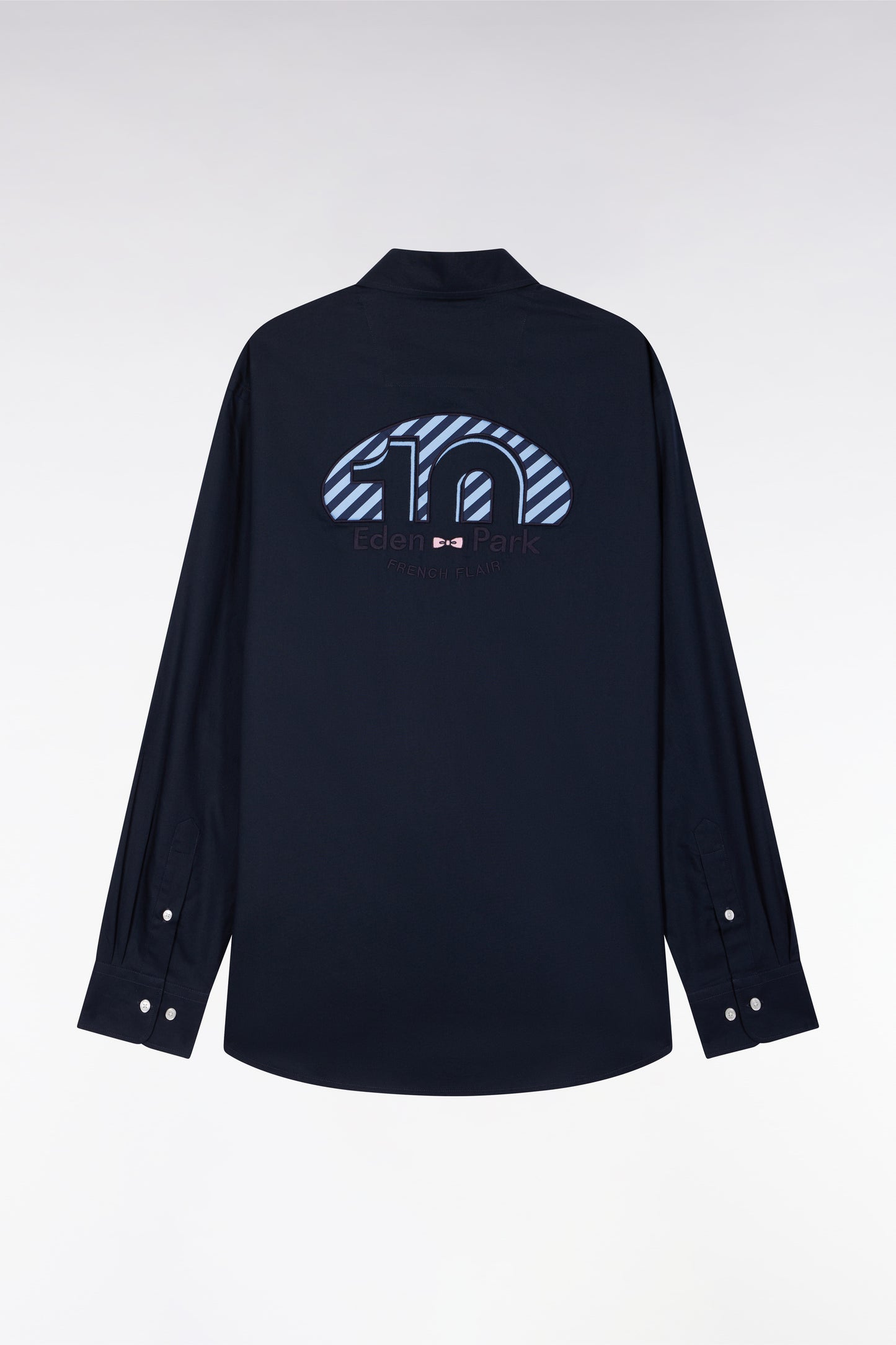 Chemise en coton marine broderie rose coupe droite