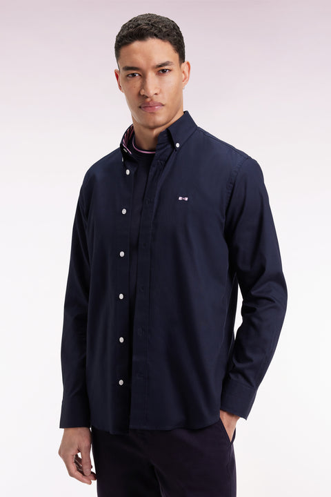 Chemise en coton pinpoint marine broderie 10 dos coupe droite - Image 1
