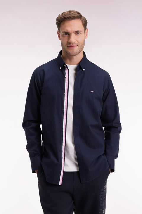 Chemise en coton pinpoint marine broderie dos coupe droite - Image 1