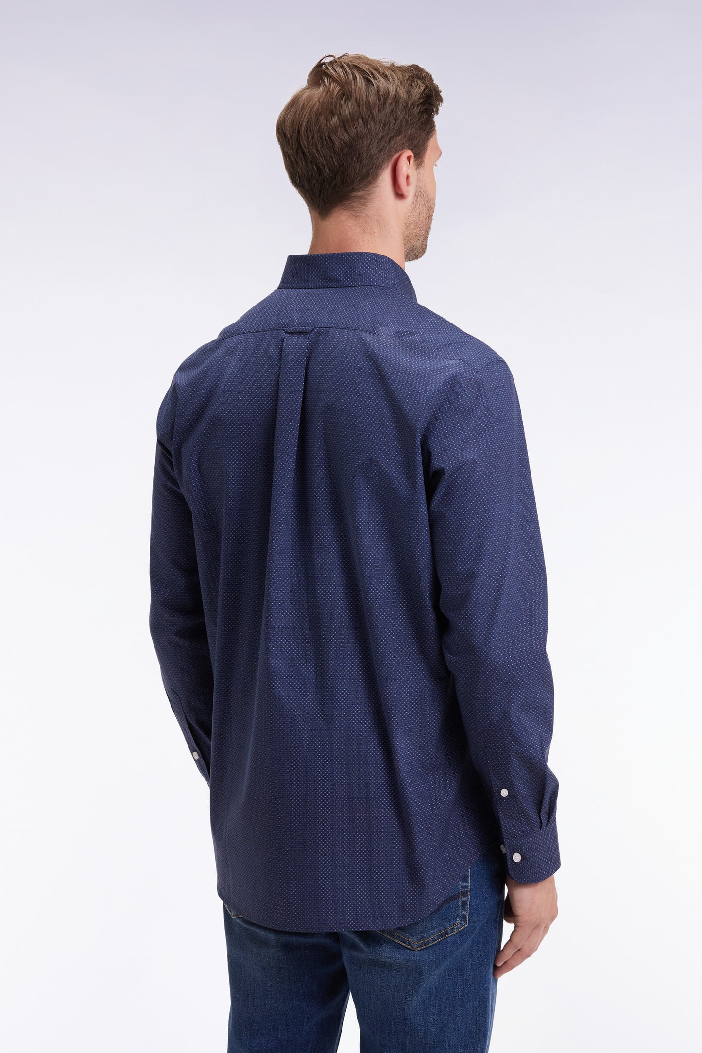 Chemise en popeline de coton à micro-motifs bleus coupe droite