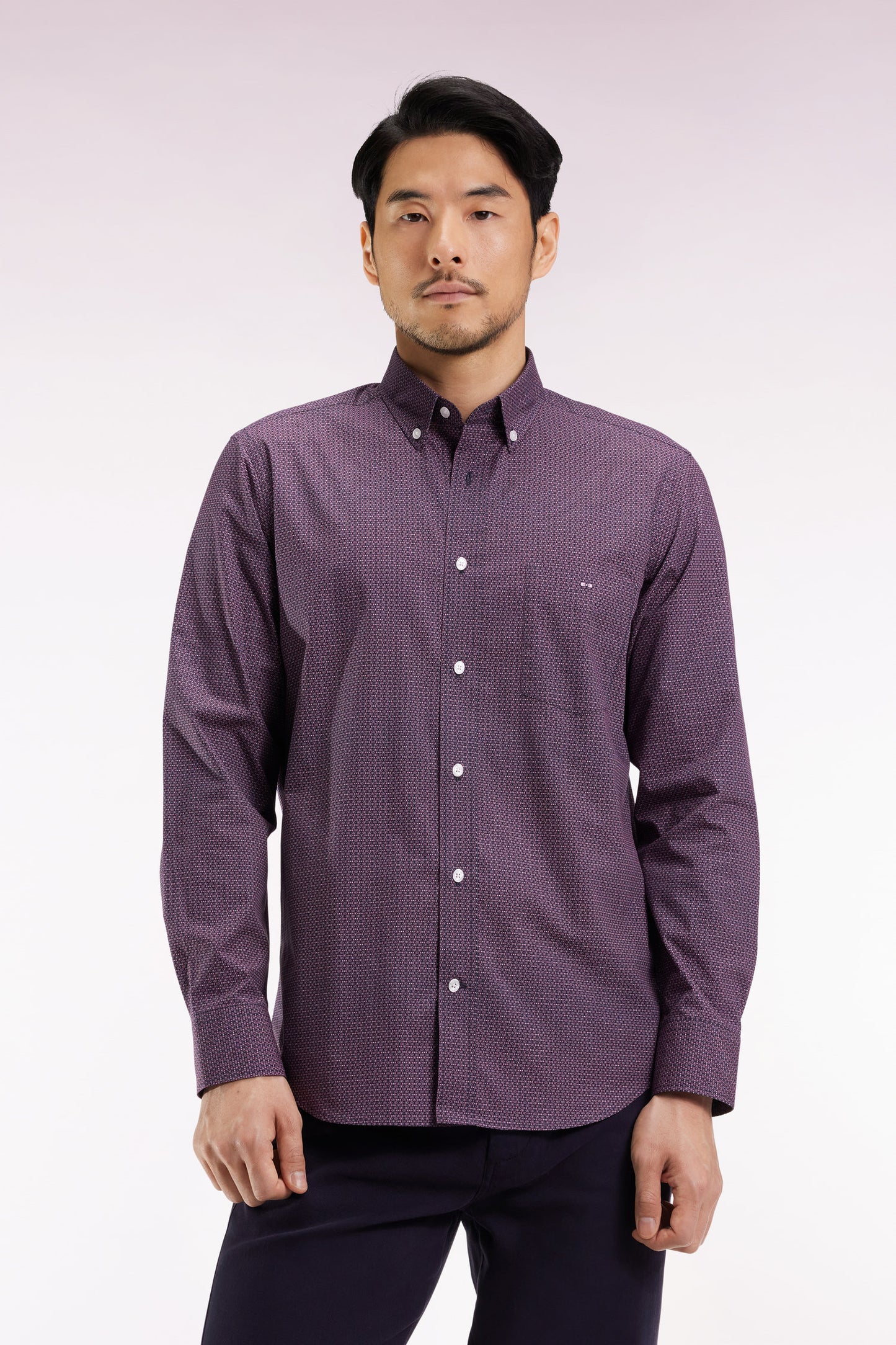 Chemise en popeline de coton à micro-motifs marine coupe droite