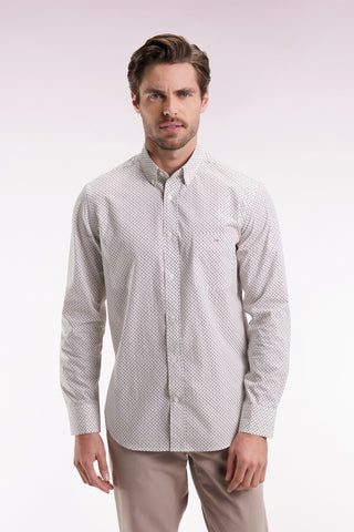 White cotton shirt with micropatterned bow tie, straight cut