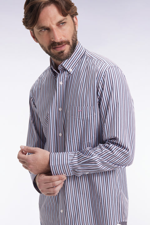 Chemise en coton marine à rayures contrastées coupe droite - Image 3