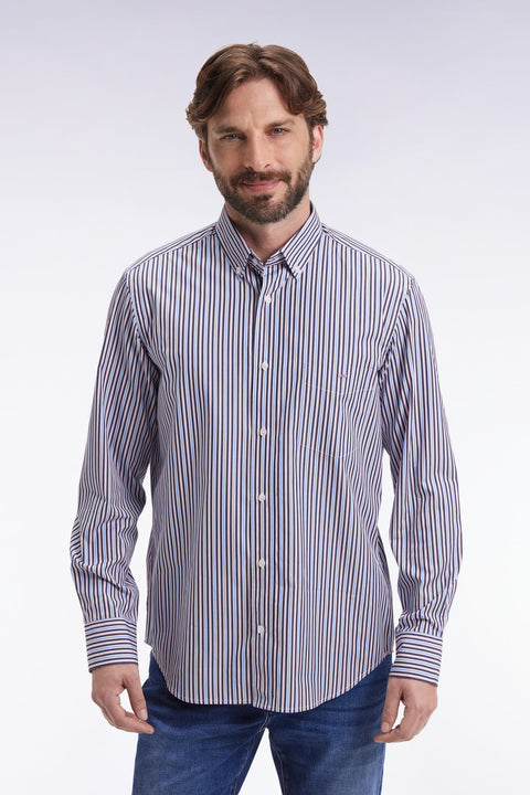 Chemise en coton marine à rayures contrastées coupe droite - Image 1