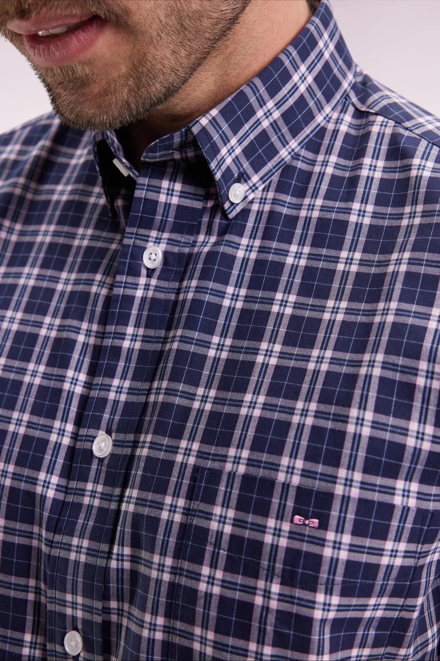 Navy and pink cotton check shirt, straight cut