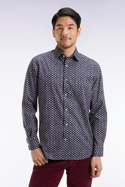 Chemise en coton marine à imprimé floral graphique coupe droite - Image 1